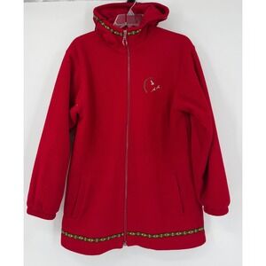 Northern Sun Red Fleece Parka Hooded Jacket Embroidered Cabin Geese Canada L